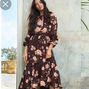 Johanna Ortiz X H&M NWOT Brown Floral Dress Small Hi Low Maxi Ruffle Tiered